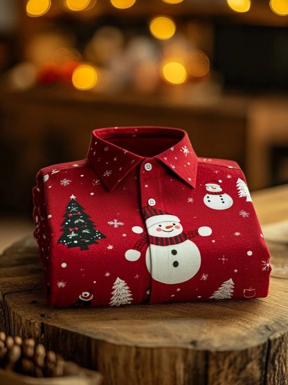 Men's Christmas Snowman Printed Christmas Long Sleeve Shirt