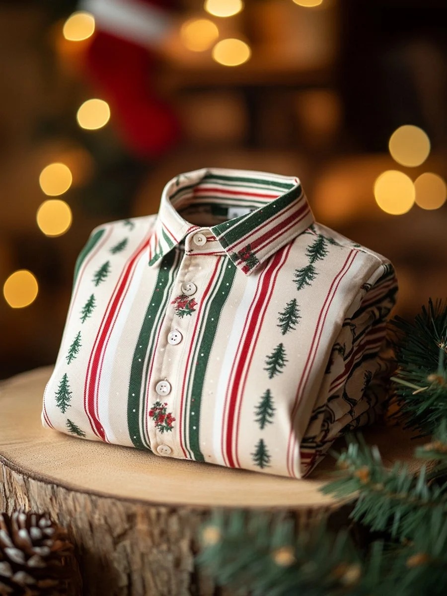 Men's Christmas Stripe Printed Christmas Long Sleeve Shirt
