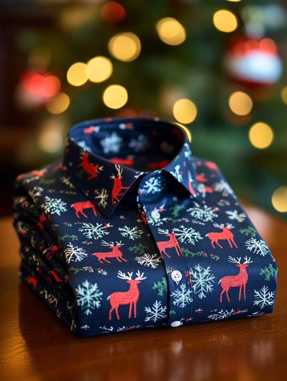 Men's Business Retro Christmas Gift Elk Print Long Sleeve Shirt