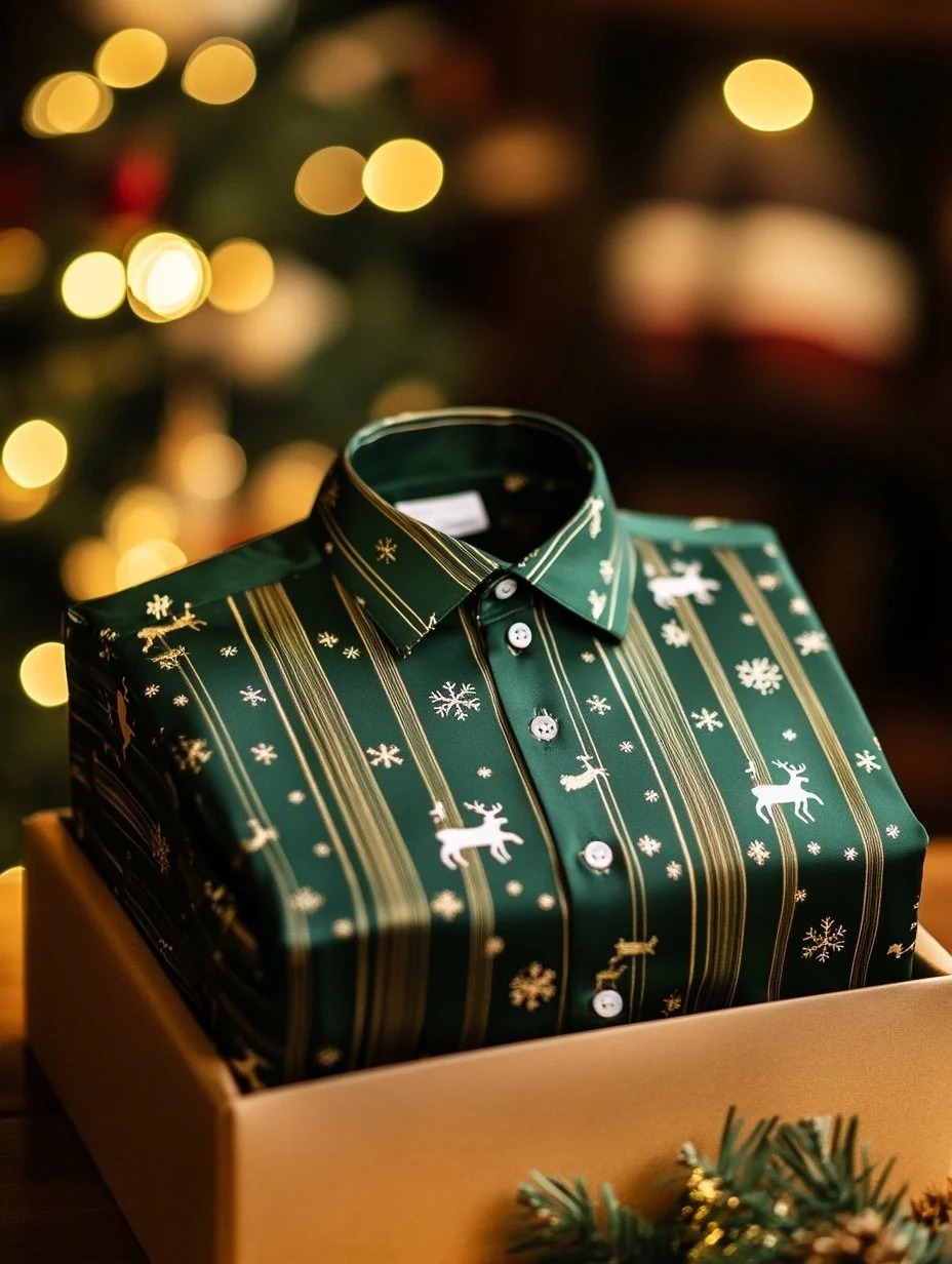 Men's Business New Year Christmas Elk Snowflake Print Long Sleeve Shirt