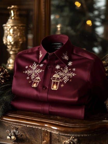 Men's Business Retro Snowflake Light Print Christmas Long Sleeve Shirt