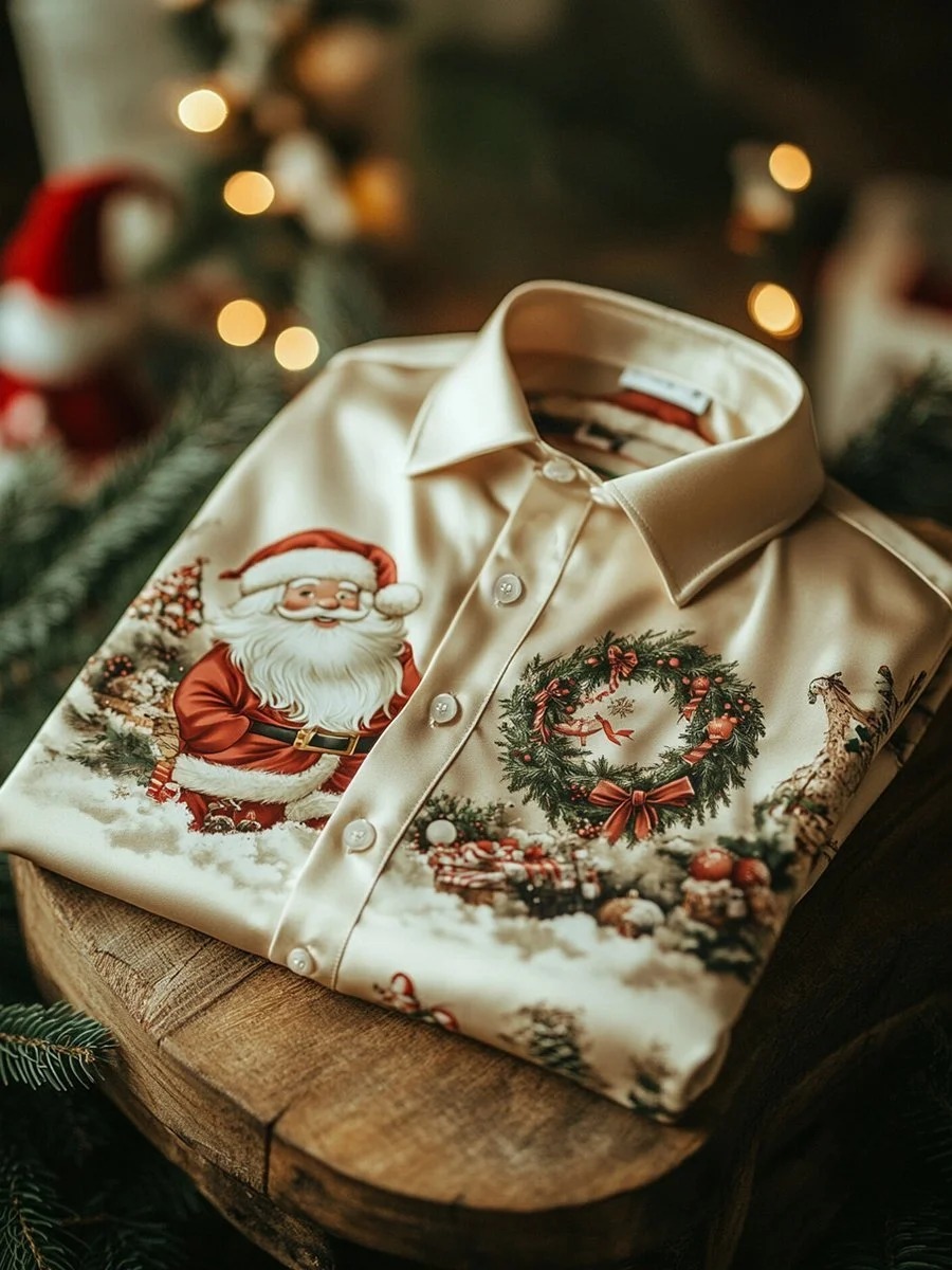Men's Business Santa Claus and Christmas Wreath Christmas Long Sleeve Shirt