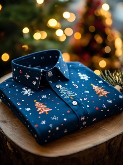 Men's Business Snowflake Christmas Tree Print Christmas Long Sleeve Shirt