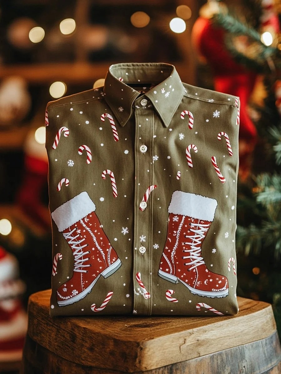 Men's Business Santa Boots Print Christmas Long Sleeve Shirt