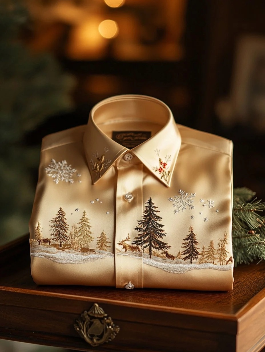 Men's Business Retro Christmas Evergreen Pine Print Long Sleeve Shirt