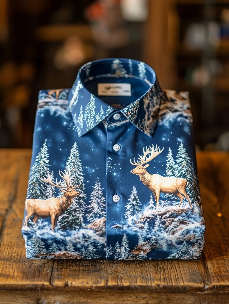 Men's Business Retro Christmas Evergreen Pine Tree Elk Print Long Sleeve Shirt