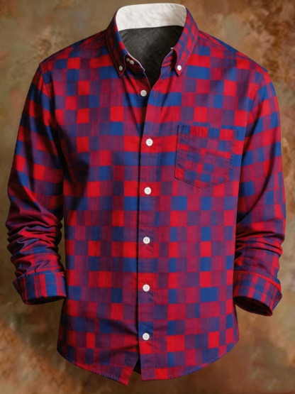 Men's Retro Red Blue Plaid Print Business Shirt
