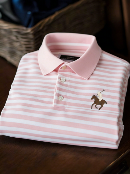 Men's Classic Business Check Logo Button Short Sleeve Polo Shirt