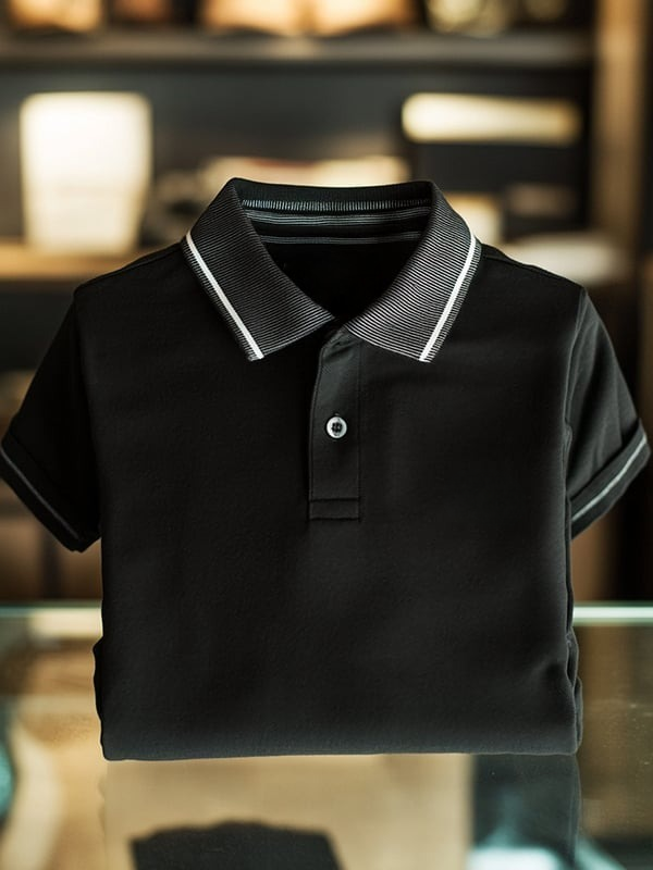 Men's Classic Business Solid Logo Button Short Sleeve Polo Shirt