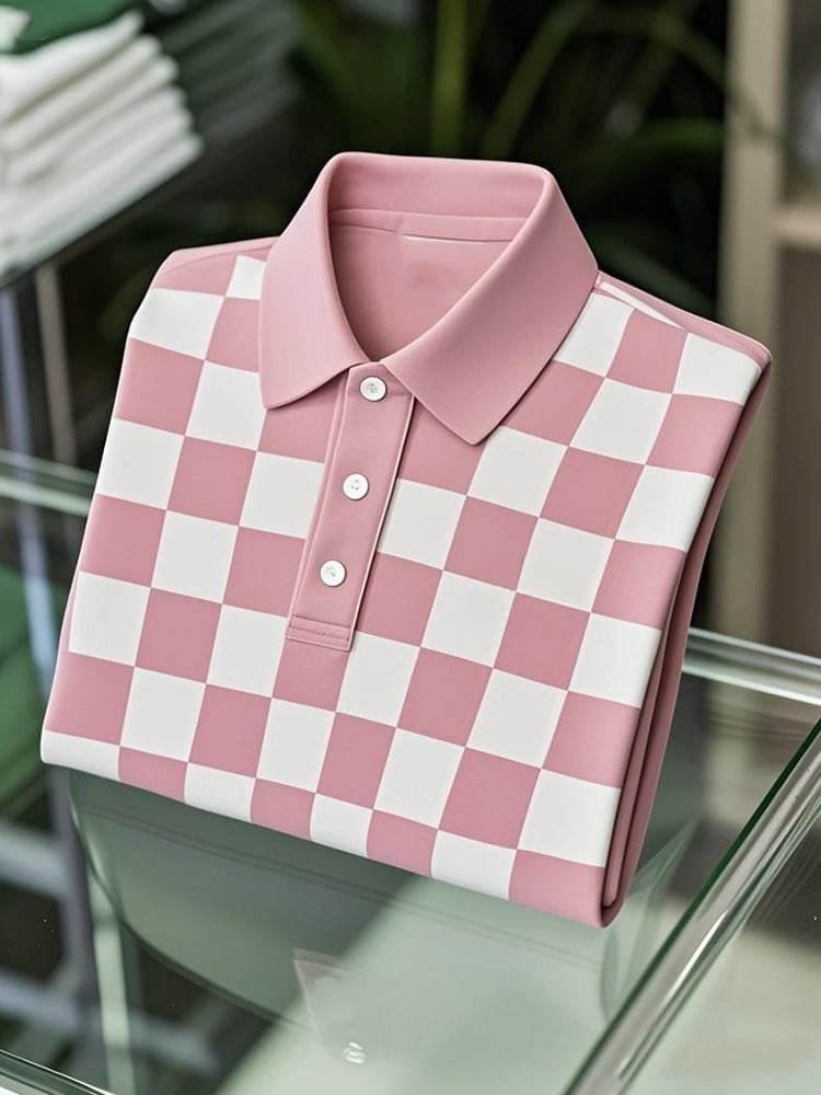 Men's Business Casual Checkerboard Logo Button Short Sleeve Polo Shirt