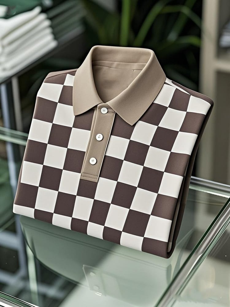 Men's Business Casual Checkerboard Button Short Sleeve Polo Shirt