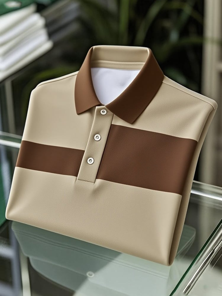 Men's Business Casual Khaki Color Block Logo Button Short Sleeve Polo 