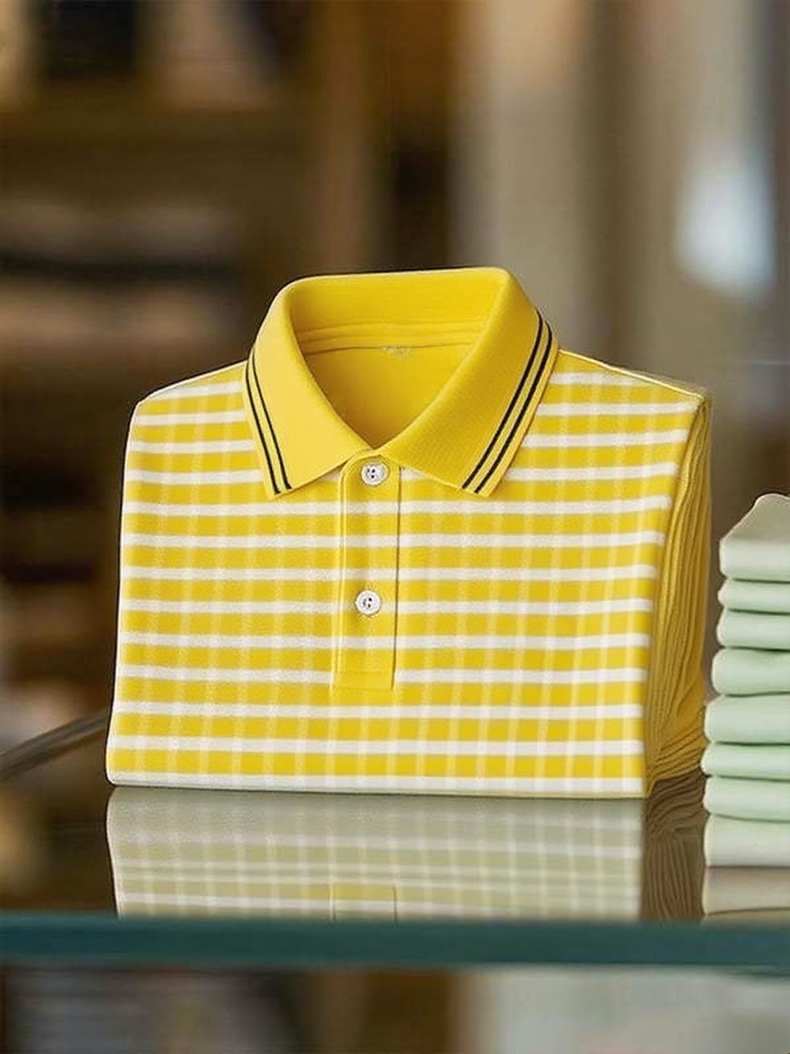 Men's Classic Business Stripe Logo Button Short Sleeve Polo Shirt