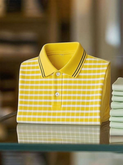 Men's Classic Business Stripe Logo Button Short Sleeve Polo Shirt