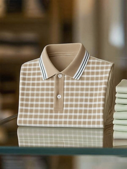 Men's Classic Business Stripe Logo Button Short Sleeve Polo Shirt