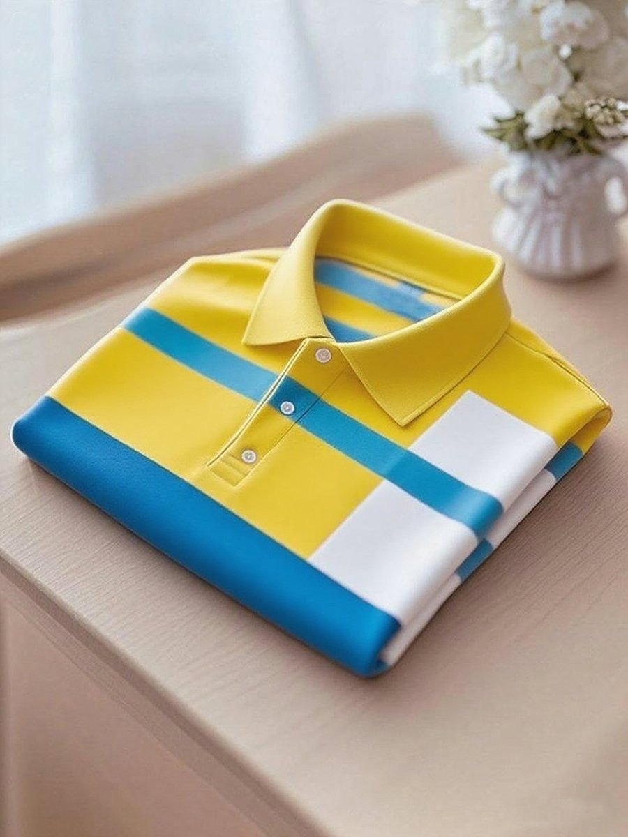 Men's Business Casual Blue and Yellow Block Logo Button Short Sleeve Polo Shirt