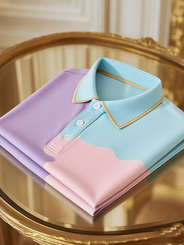 Men's Classic Business Contrast Colorblock Logo Button Short Sleeve Polo Shirt