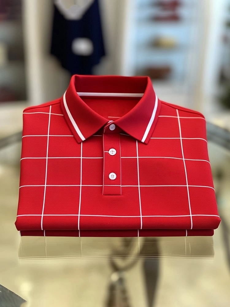 Men's Classic Business Check Logo Button Short Sleeve Polo Shirt