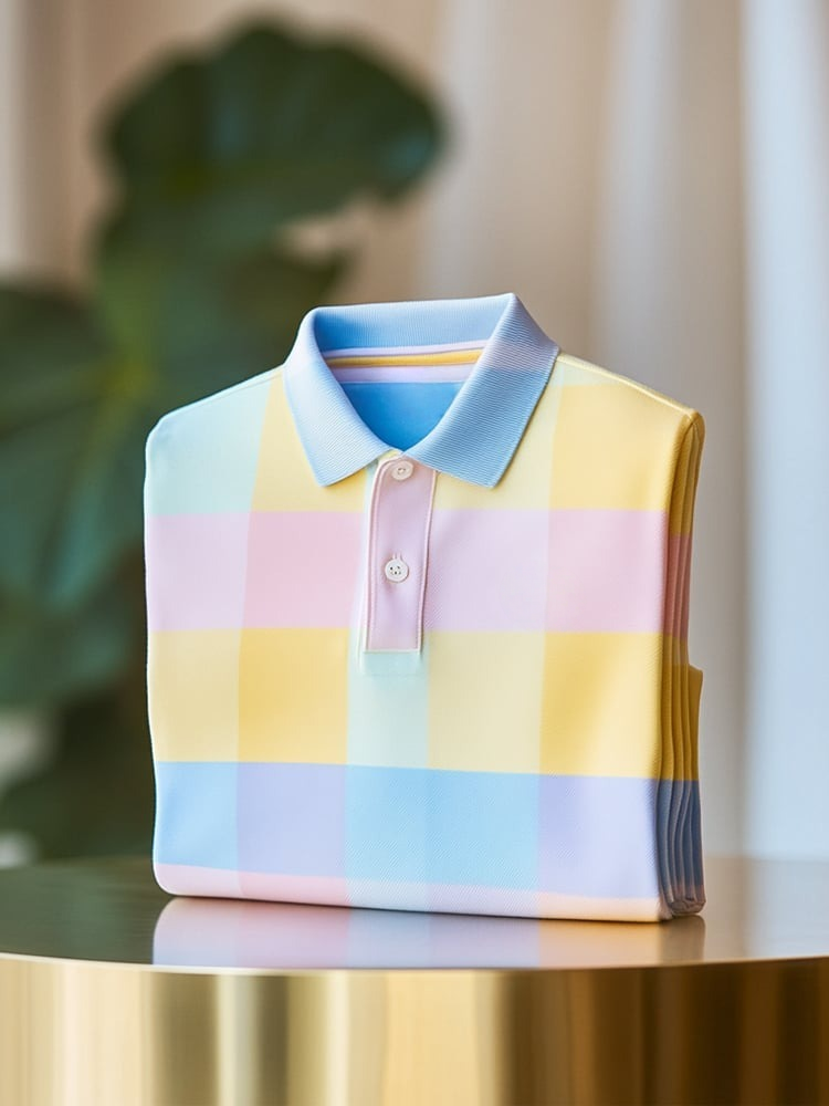 Men's Classic Business Check Logo Button Short Sleeve Polo Shirt