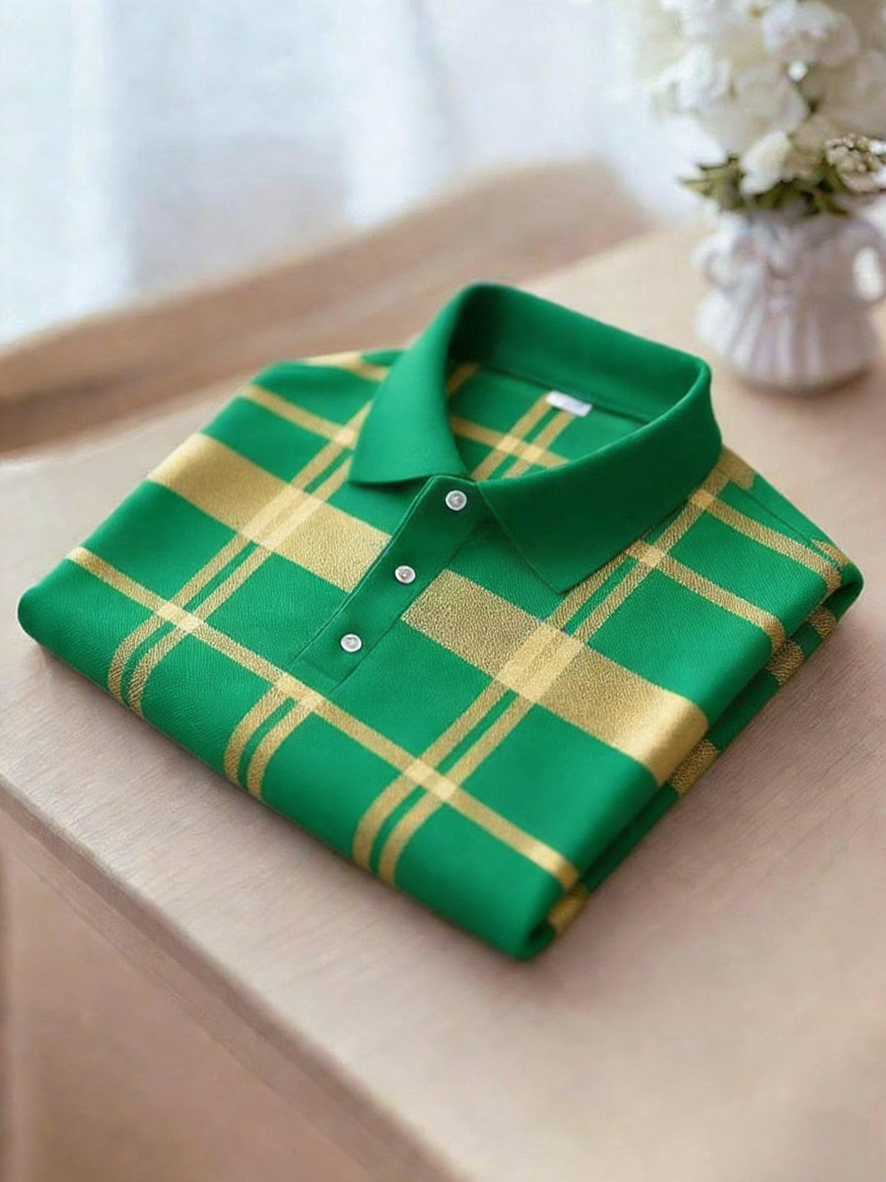 Men's Business Casual Black and Yellow Plaid Button Short Sleeve Polo Shirt