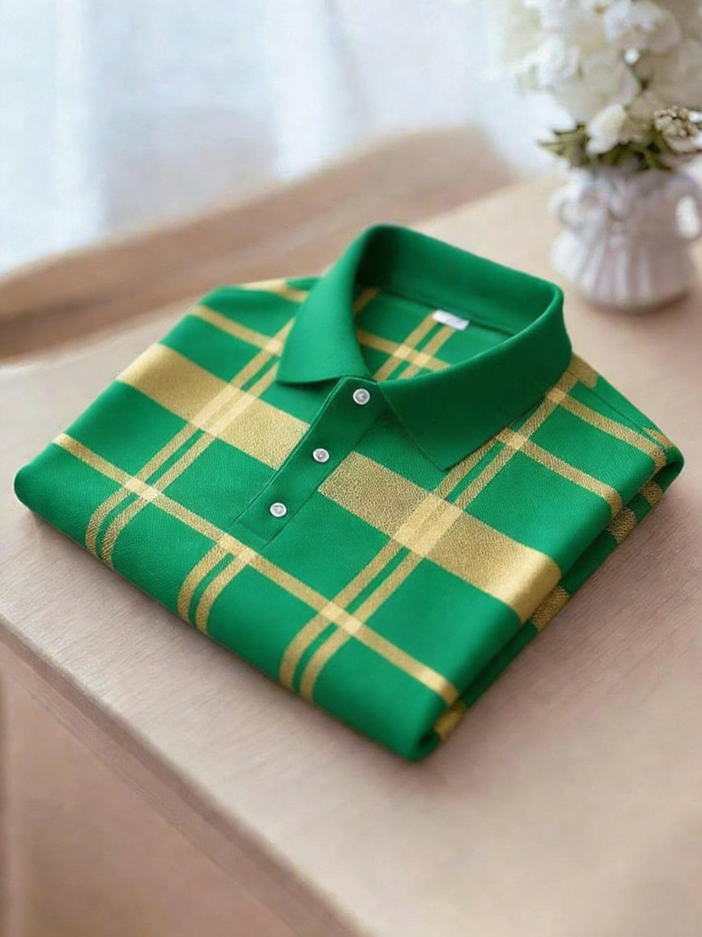 Men's Business Casual Black and Yellow Plaid Button Short Sleeve Polo Shirt