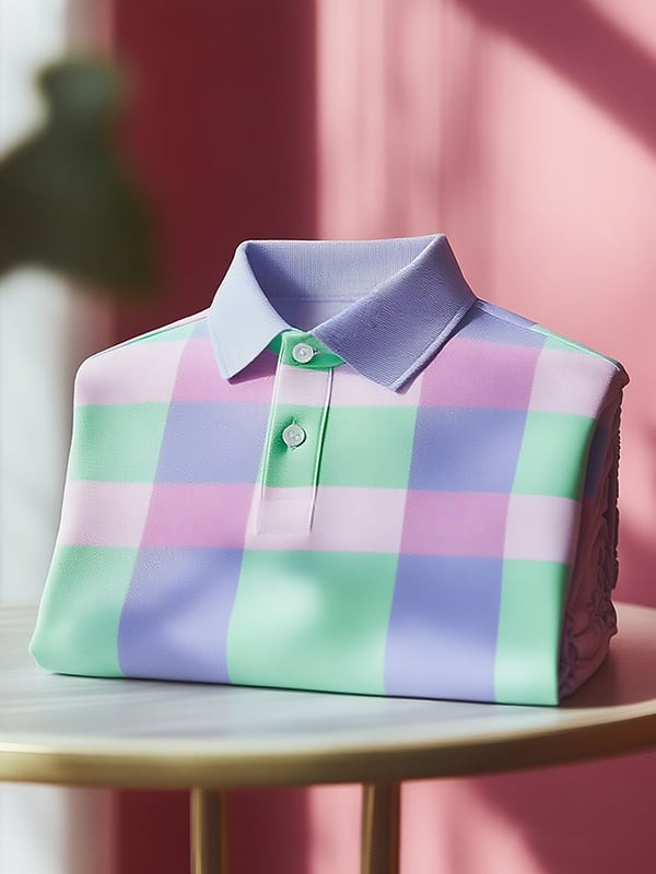 Men's Classic Business Check Logo Button Short Sleeve Polo Shirt