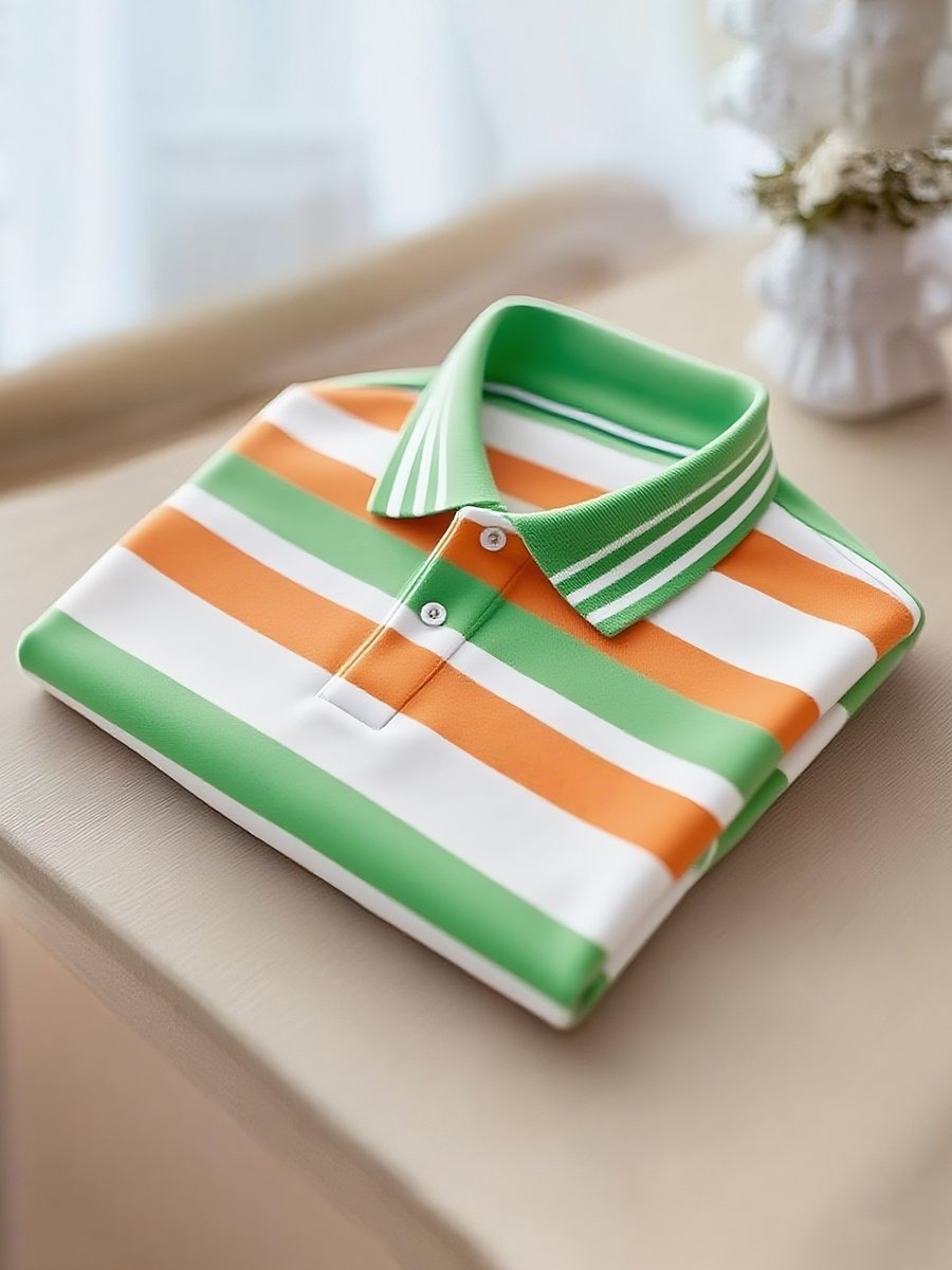 Men's Classic Business Stripe Logo Button Short Sleeve Polo Shirt