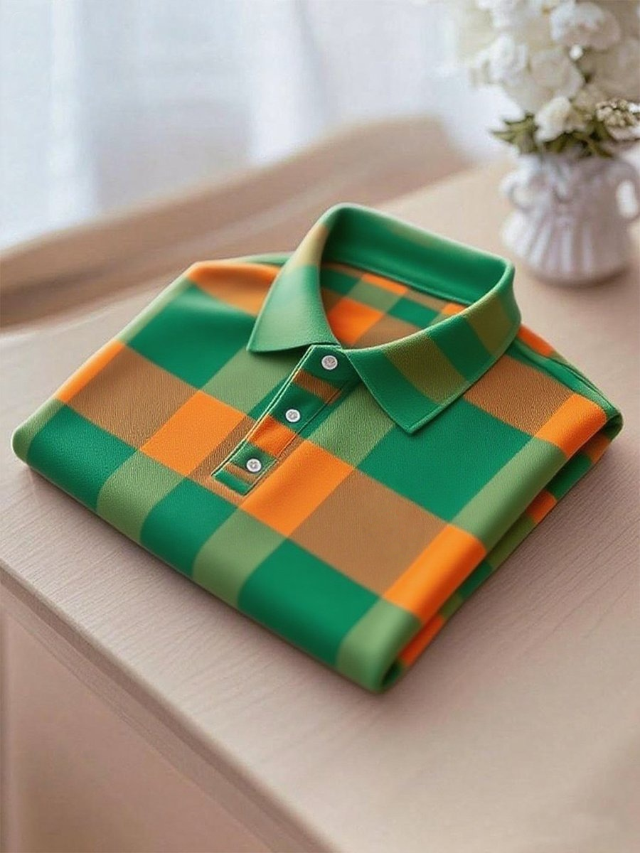 Men's Business Casual Orange and Green Plaid Button Short Sleeve Polo Shirt