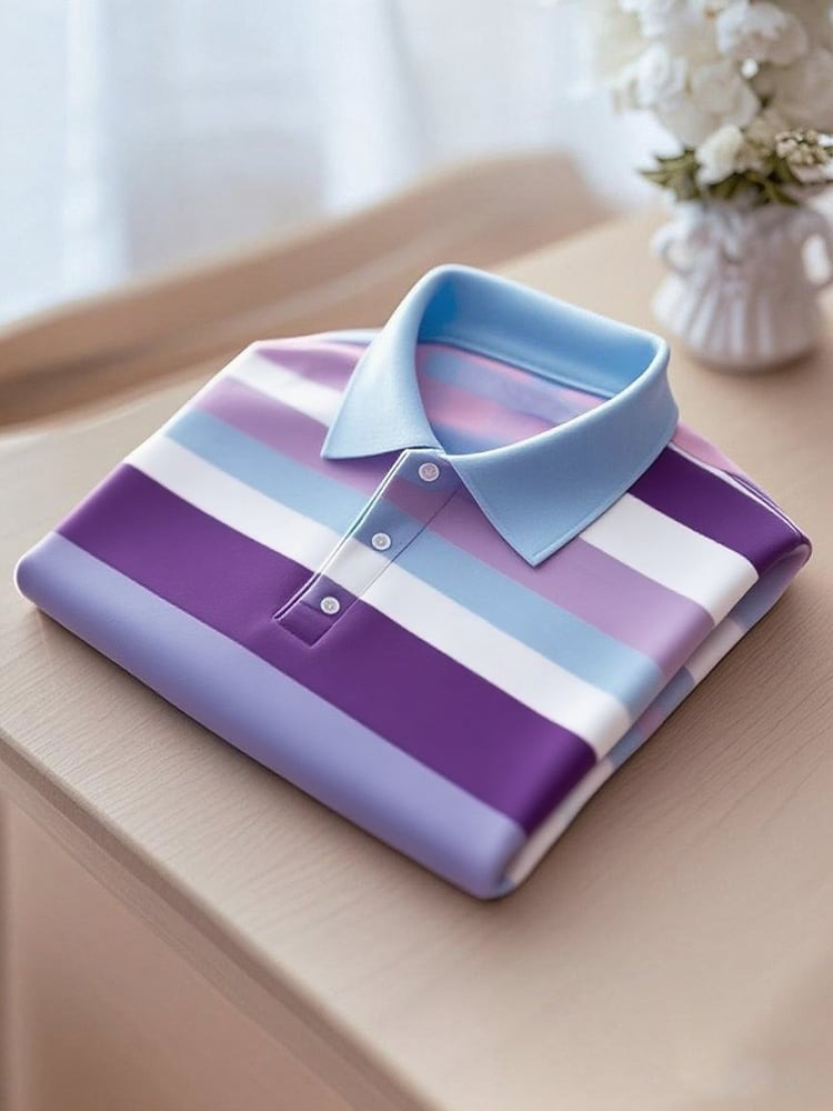 Men's Business Casual Striped Button Short Sleeve Polo Shirt