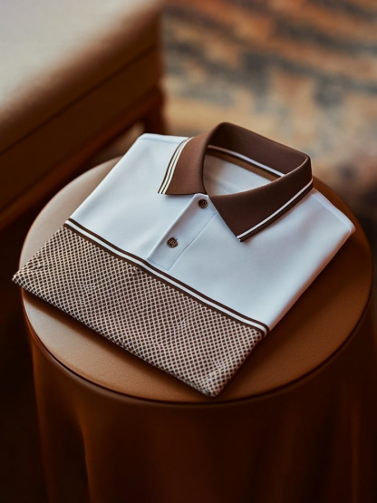 Men's Classic Business Check Logo Button Short Sleeve Polo Shirt