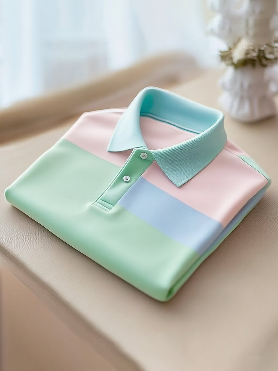 Men's Classic Business Stripe Logo Button Short Sleeve Polo Shirt