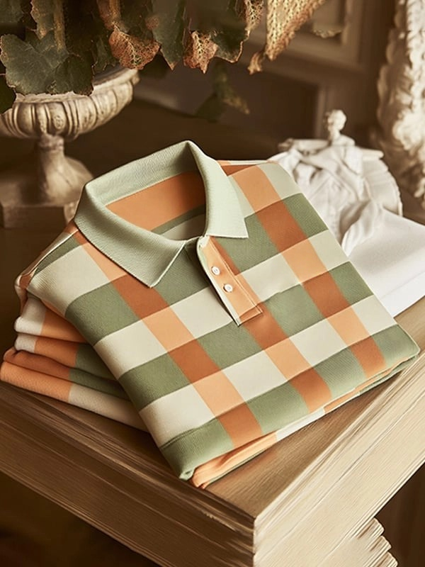 Men's Classic Business Check Logo Button Short Sleeve Polo Shirt