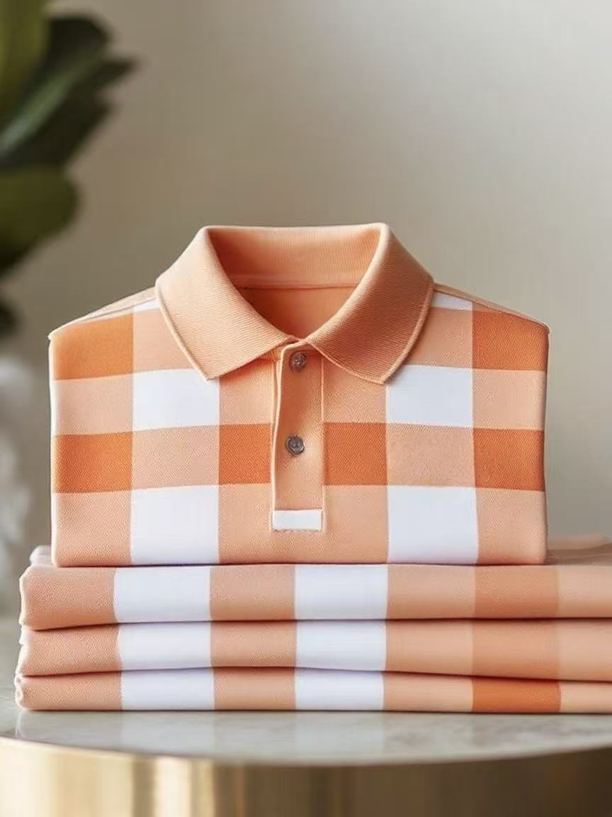 Men's Classic Business Check Logo Button Short Sleeve Polo Shirt