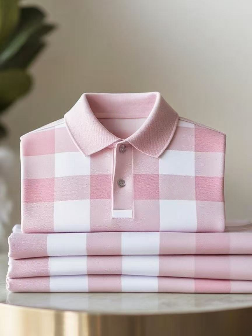 Men's Classic Business Check Logo Button Short Sleeve Polo Shirt