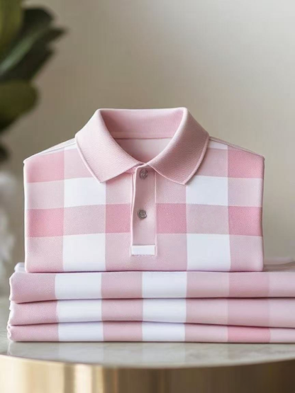 Men's Classic Business Check Logo Button Short Sleeve Polo Shirt