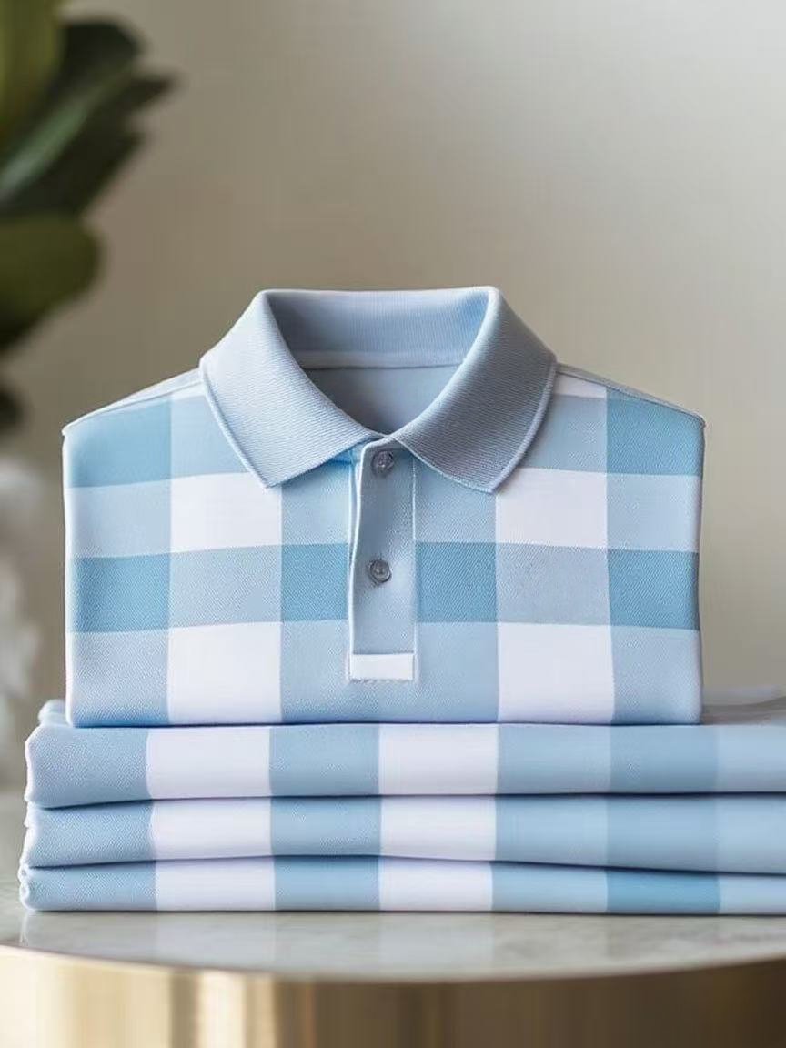 Men's Classic Business Check Logo Button Short Sleeve Polo Shirt