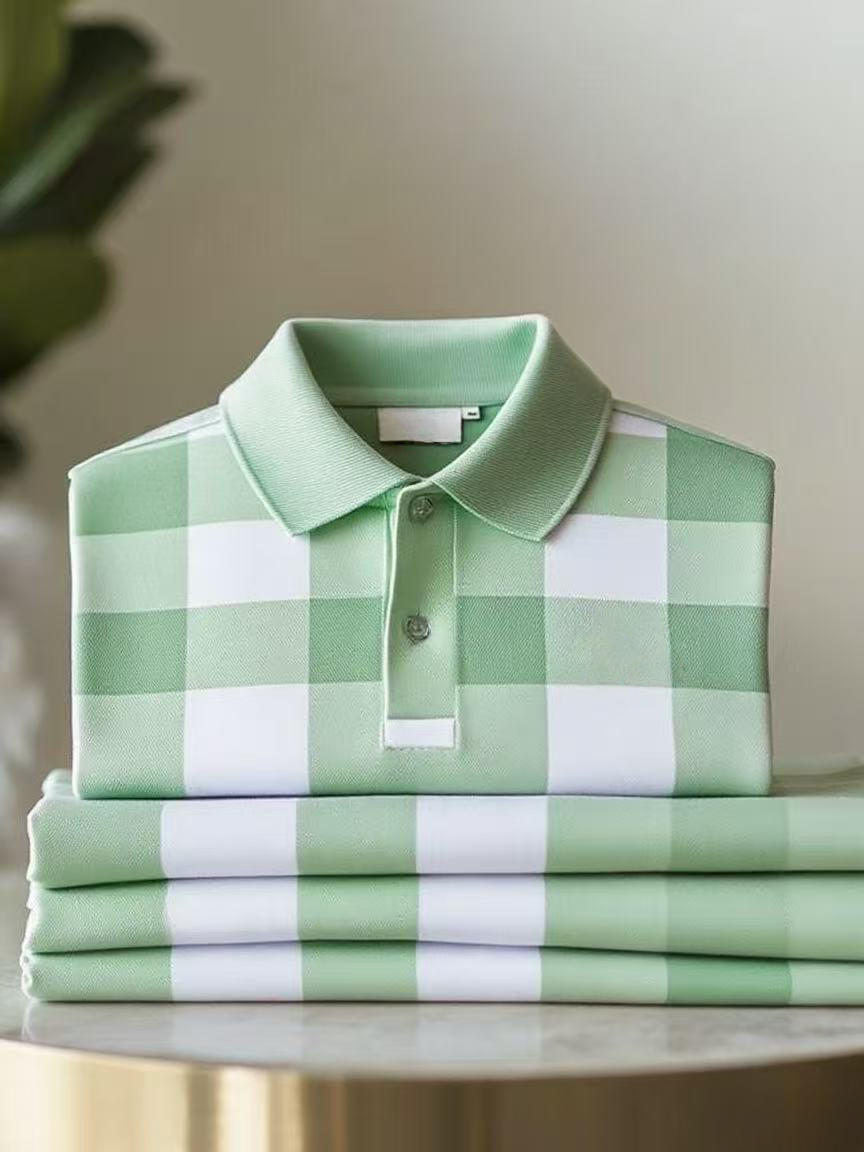 Men's Classic Business Check Logo Button Short Sleeve Polo Shirt