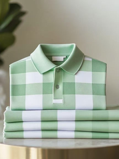 Men's Classic Business Check Logo Button Short Sleeve Polo Shirt