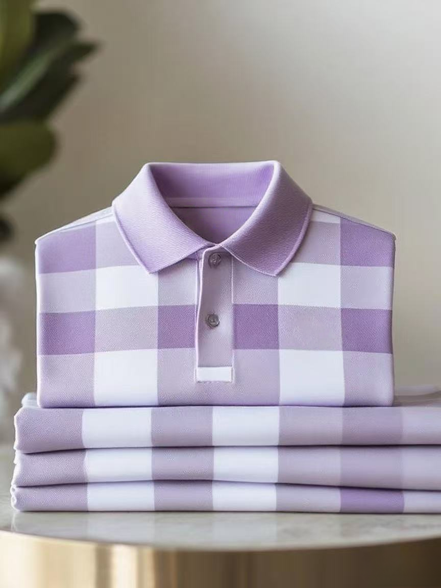 Men's Classic Business Check Logo Button Short Sleeve Polo Shirt