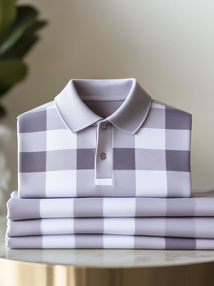 Men's Classic Business Check Logo Button Short Sleeve Polo Shirt