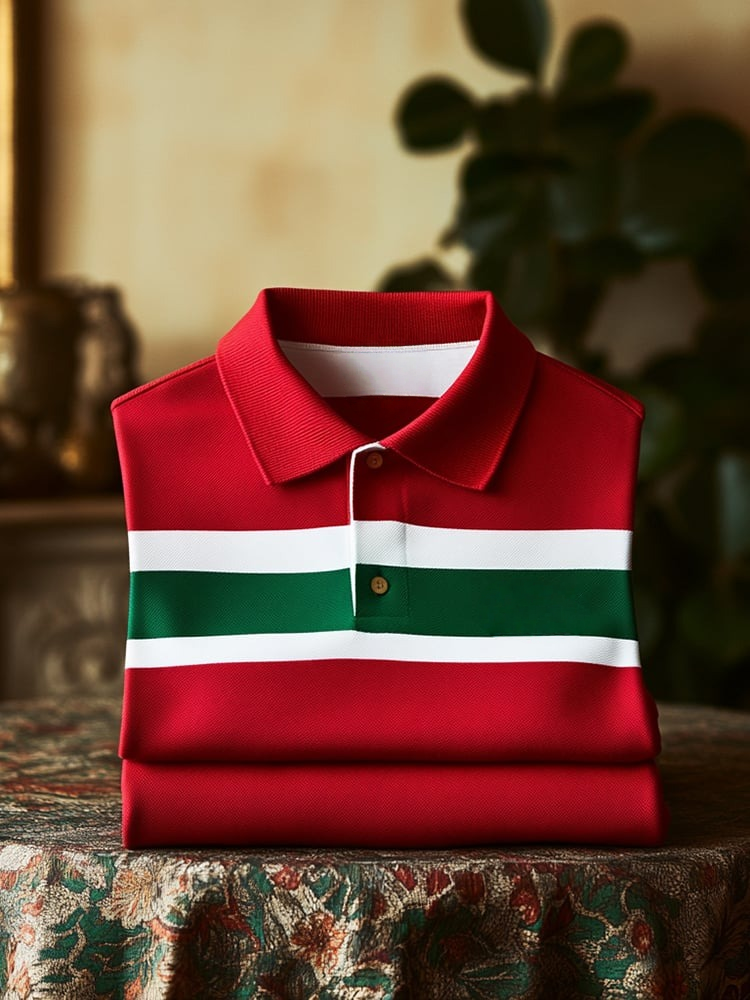 Men's Classic Business Check Logo Button Short Sleeve Polo Shirt