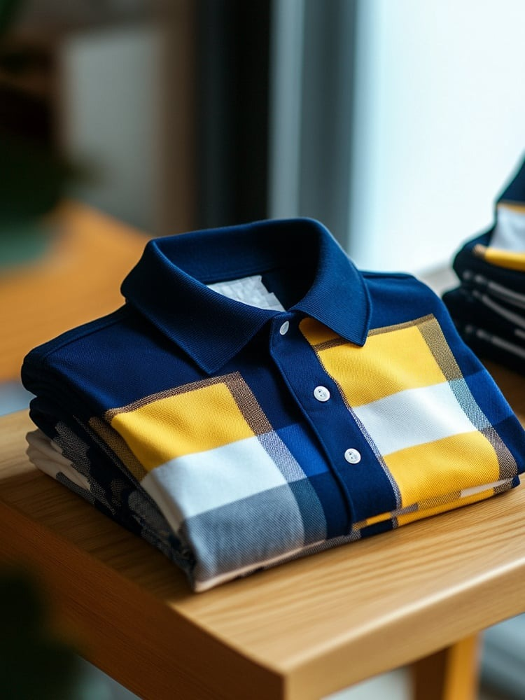 Men's Business Casual Blue and Yellow Block Logo Button Short Sleeve P