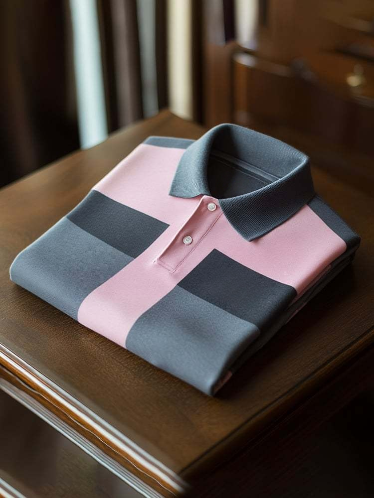 Men's Classic Business Check Logo Button Short Sleeve Polo Shirt