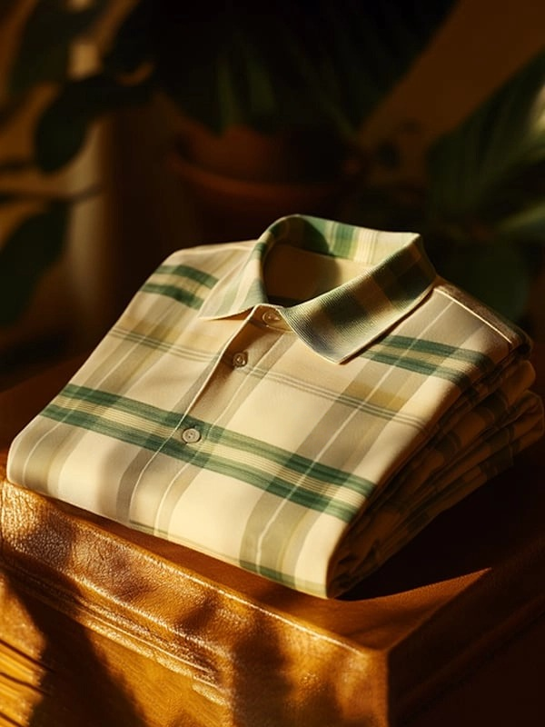 Men's Classic Business Check Logo Button Short Sleeve Polo Shirt