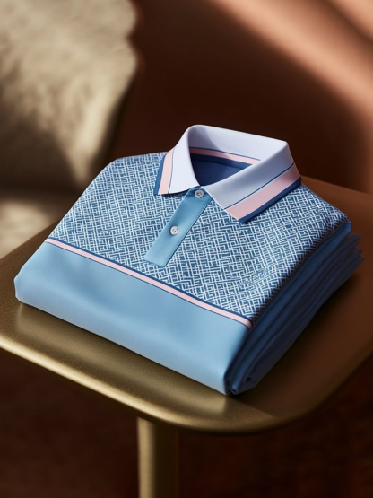 Men's Classic Business Check Logo Button Short Sleeve Polo Shirt