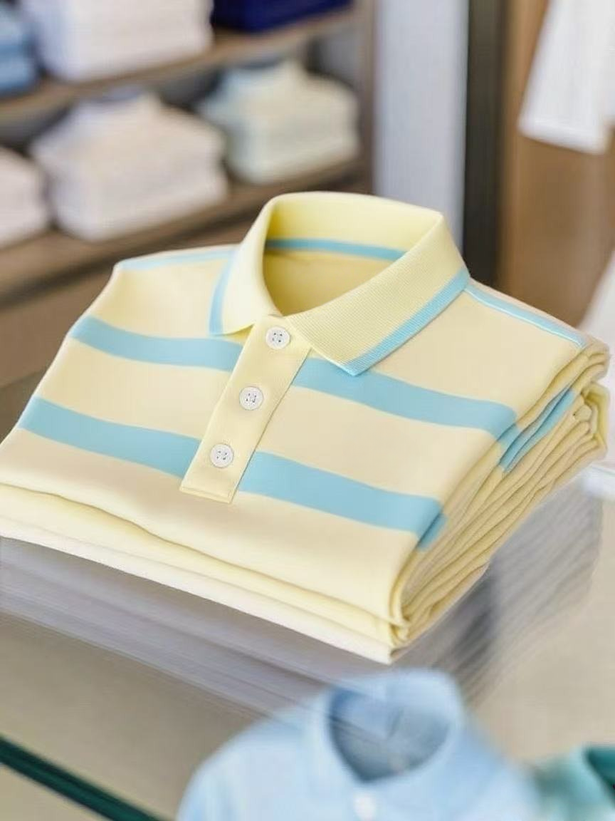 Men's Business Casual Color Block Stripe Logo Button Short Sleeve Polo Shirt