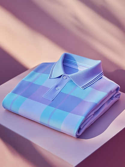 Men's Classic Business Check Logo Button Short Sleeve Polo Shirt