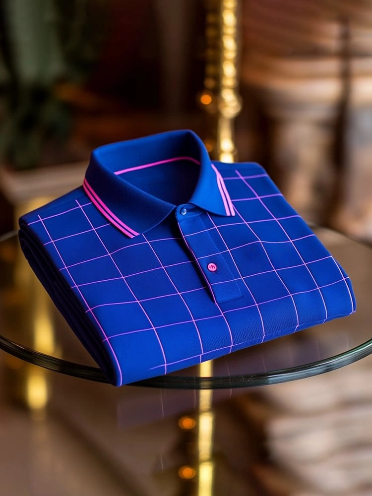 Men's Classic Business Check Logo Button Short Sleeve Polo Shirt