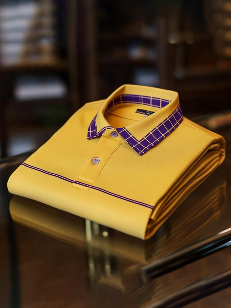 Men's Classic Business Check Logo Button Short Sleeve Polo Shirt