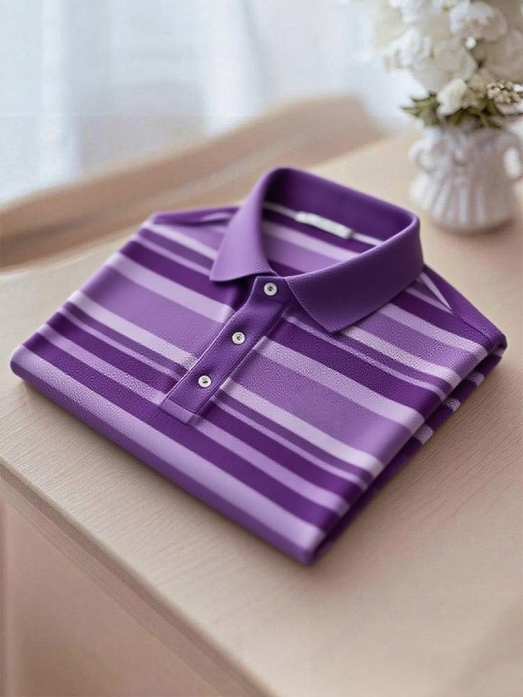 Men's Business Casual Purple Stripe Logo Button Short Sleeve Polo Shir